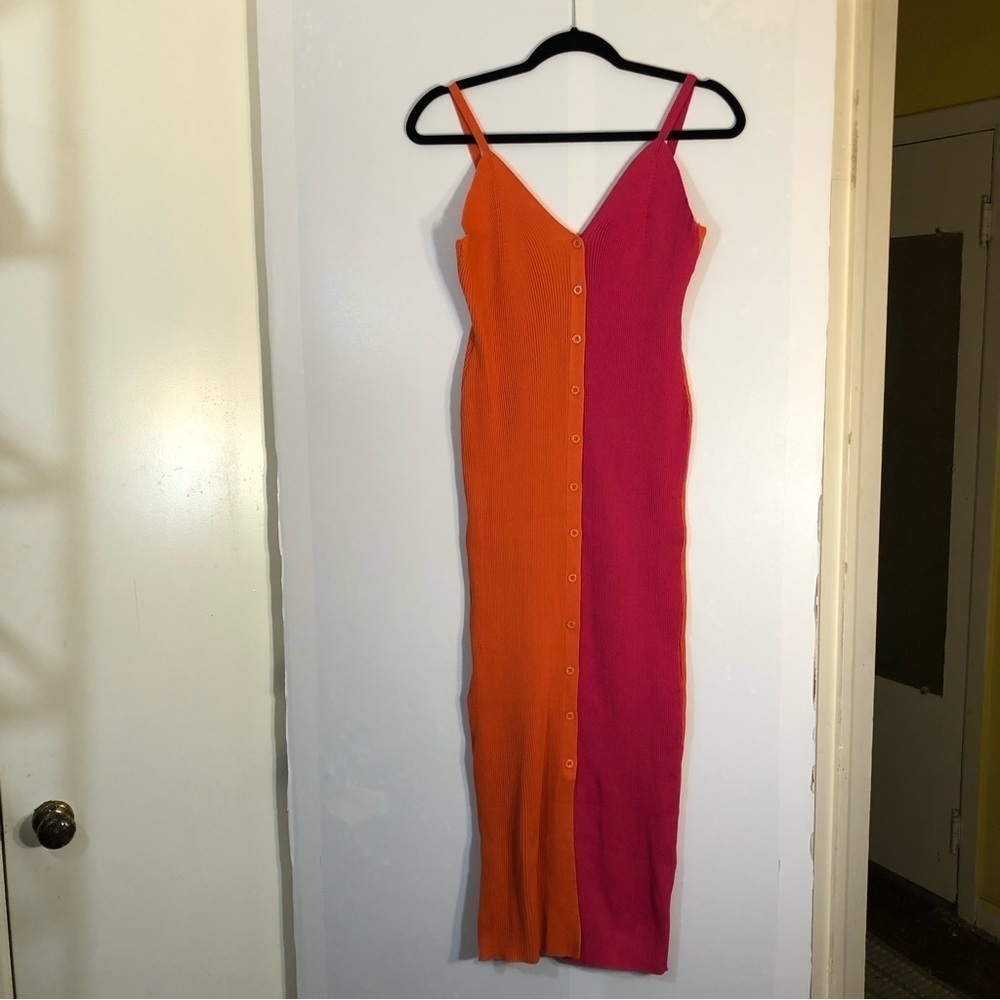 Color Block Ribbed Button Down Midi Dress-Split Front